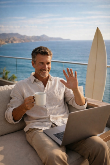 Man working remotely on ocean-view terrace in Cabo San Lucas